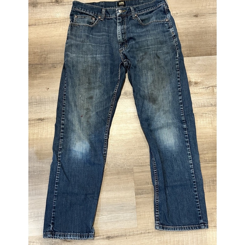 Lee Men's Blue Denim Jean 33x29.5 Straight Premium Select Regular Fit Distressed
